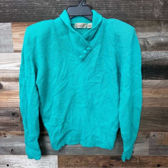 Vintage 80’s Fuzzy Green Angora Lambswool Sweater Medium Shoulder Pads Y2K - Picture 1 of 8